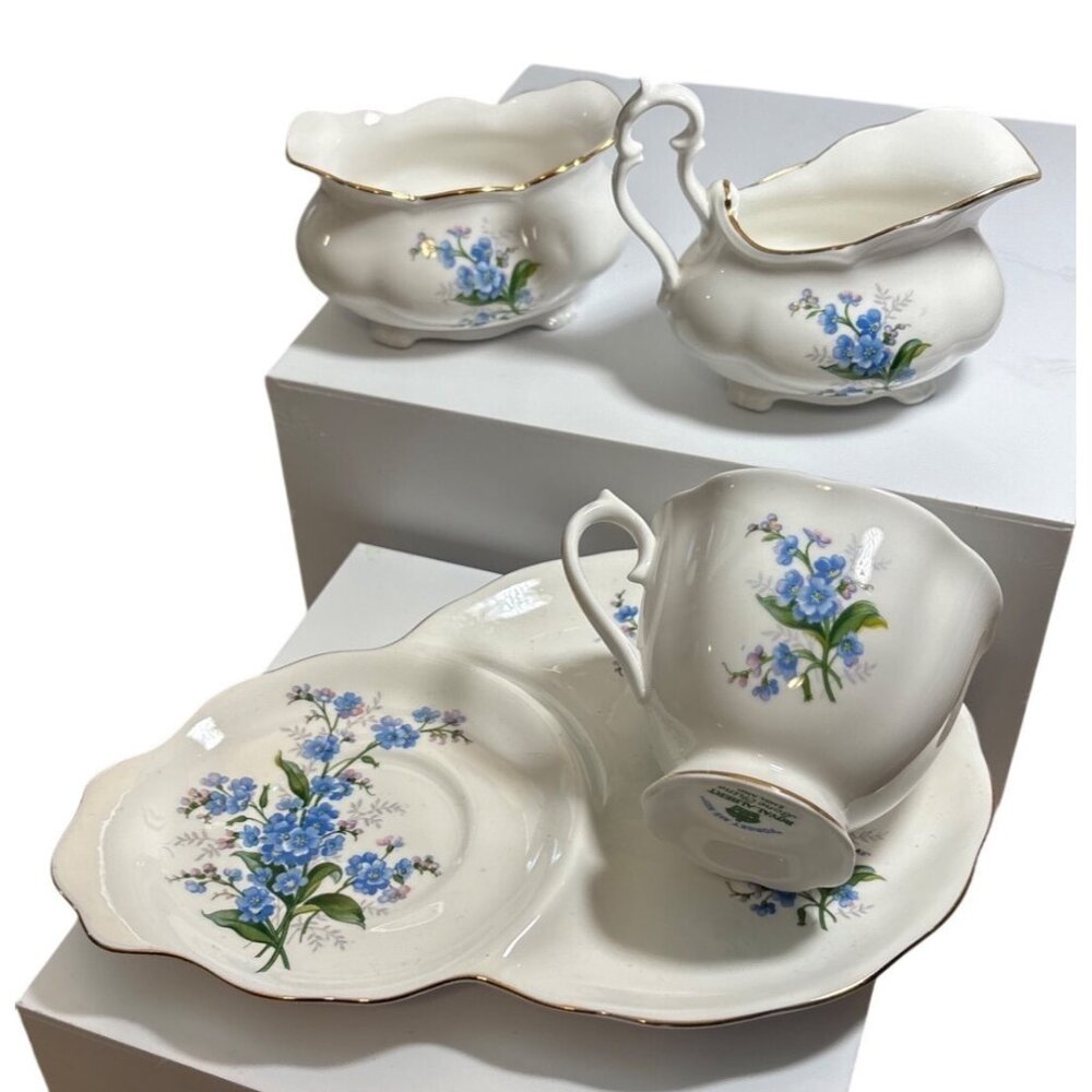 Royal Albert Bone China Forget-Me-Not Creamer Sugar Bowl Tea Cup Snack Plate Set